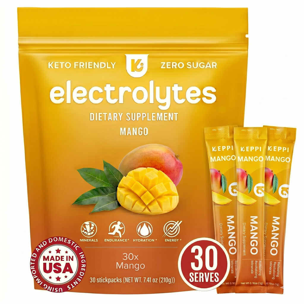Keppi Electrolytes Powder Packets – Mango Flavor 30 Servings – No Sugar Hydration Supplement with Potassium, Magnesium, Sodium – Keto, Vegan, Fasting-Friendly, Zero Calorie Hydration Packets
