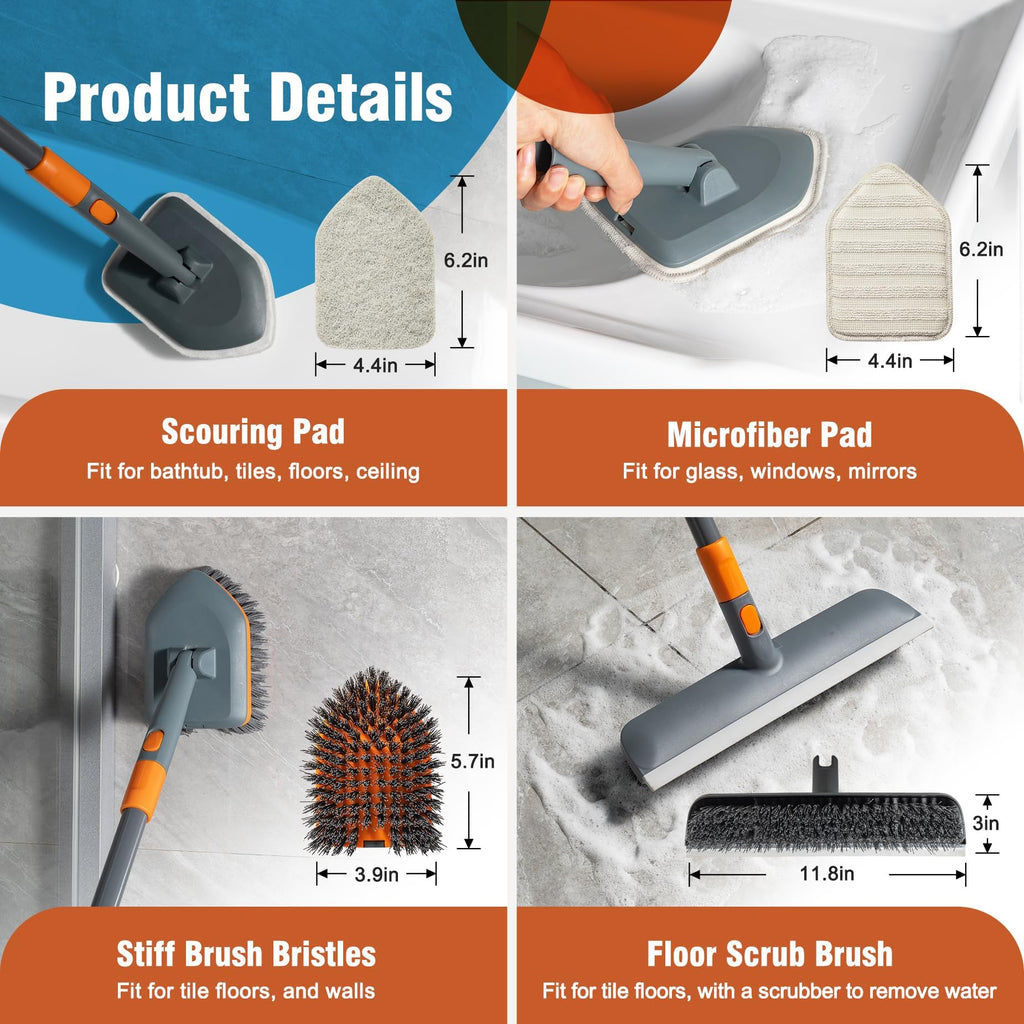 CLEANHOME Floor Scrub Brush Tile Tub Scrubber Brush with 4 Different Cleaning Heads, Shower Brush with 56” Extendable Long Handle, Scrubbers for Cleaning Kitchen, Bathroom, Tub, Tile, Wall