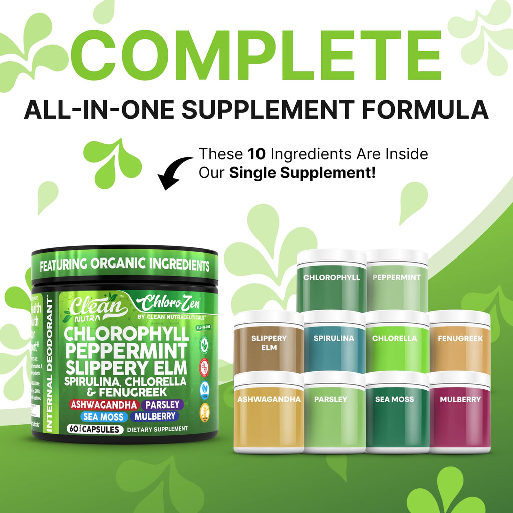 Clean Nutra Chlorophyll Capsules + Peppermint Slippery Elm Spirulina Chlorella Fenugreek Ashwagandha Sea Moss Supplement – Ph Balance for Women Detox Internal Deodorant Supplement + Prebiotics 60 Ct