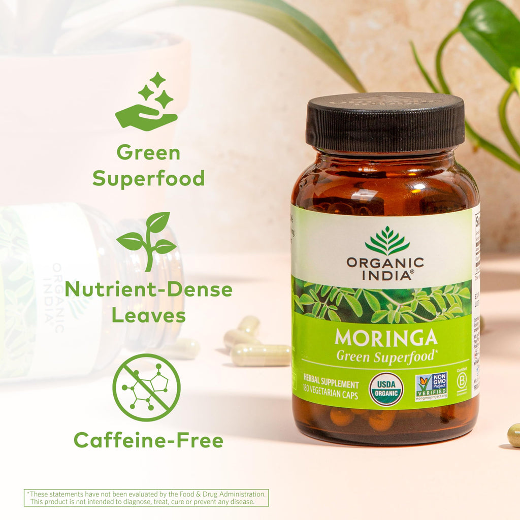 ORGANIC INDIA Moringa Capsules Organic - Moringa Supplement - Green Superfood, Pure Supergreen, Vegan Greens, Nature's Multivitamin, Vegan, Gluten-Free - 180 Capsules