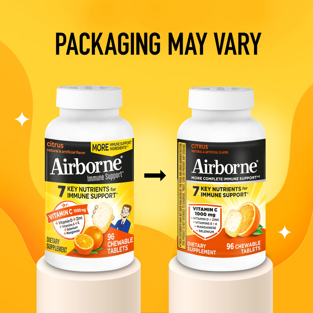 Airborne Vitamin C 1000mg (per Serving) - Citrus Chewable Tablets (96 Count in a Box) - Packaging May Vary