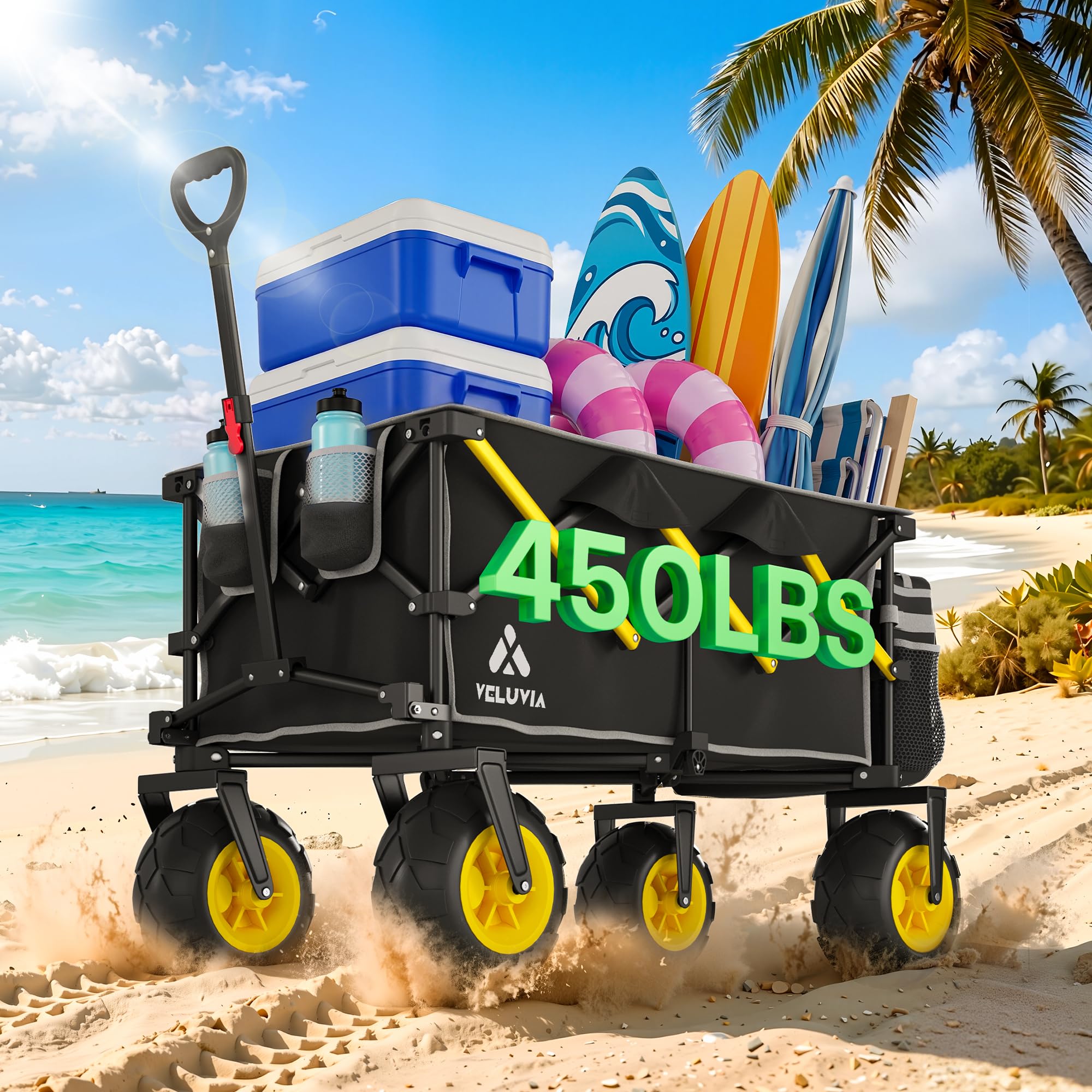VELUVIA Beach Wagon with Big Balloon Wheels for Sand, 450LB Heavy Duty