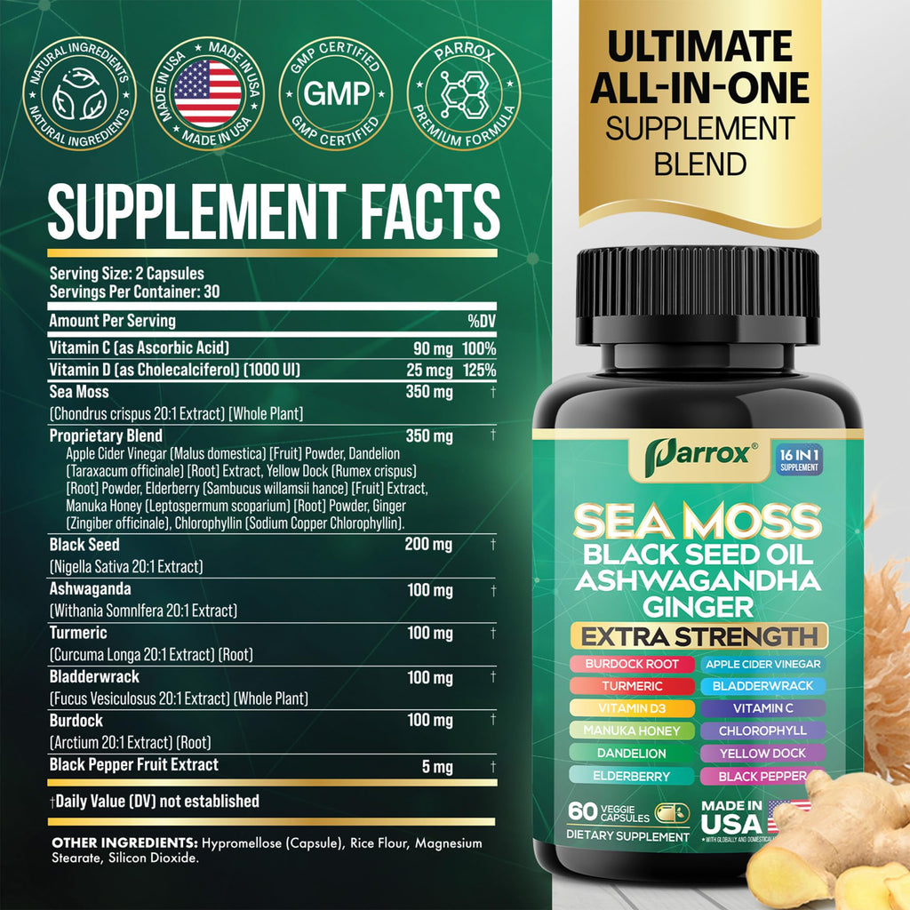 Sea Moss Black Seed Oil Supplement, 16-in-1 Ashwagandha, Turmeric, 60 Caps