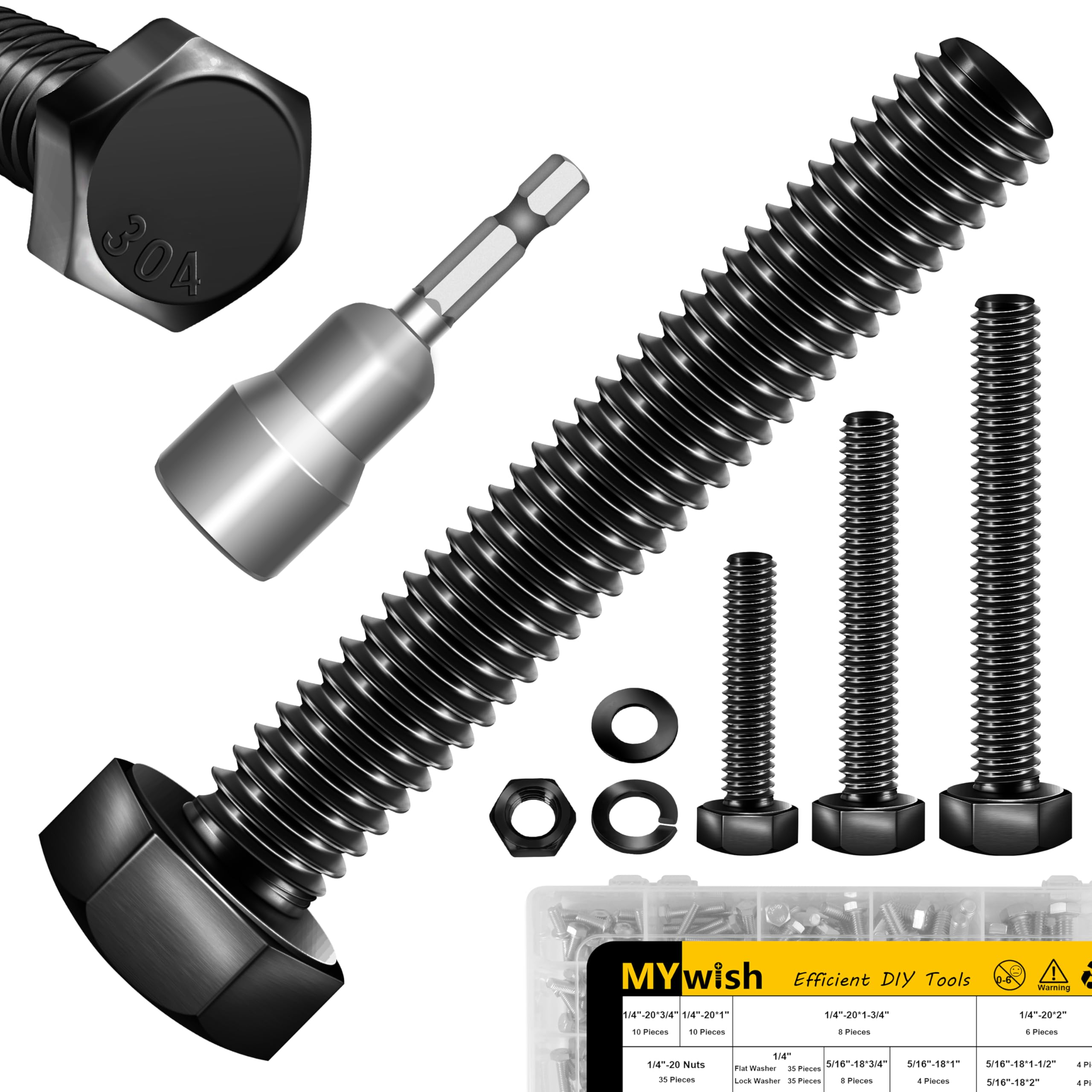 Mywish 254Pcs Nuts and Bolts, 1/4 20 5/16 18 3/8 16 Bolt, Heavy Duty 304 Stainless Steel Bolts and Nuts Kit with Flat Spring Washers, Fully Threaded & Black Oxided, 10 Common Size