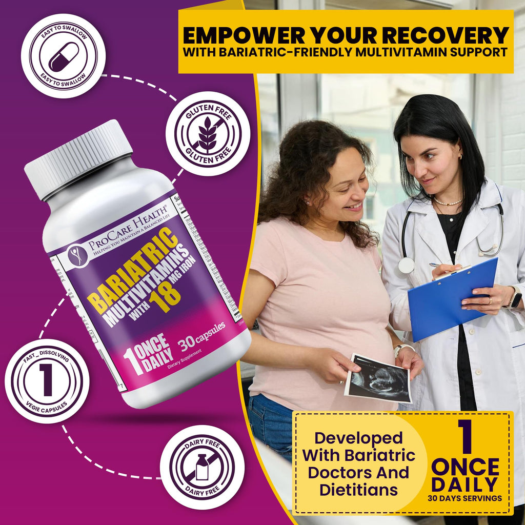 ProCare Health Bariatric Multivitamin with Iron 18mg (30 Easy to Swallow Capsules) - Post Op Bariatric Vitamins for Gastric Bypass Pills - Must Haves for Sleeve Patients (1 Month Supply)