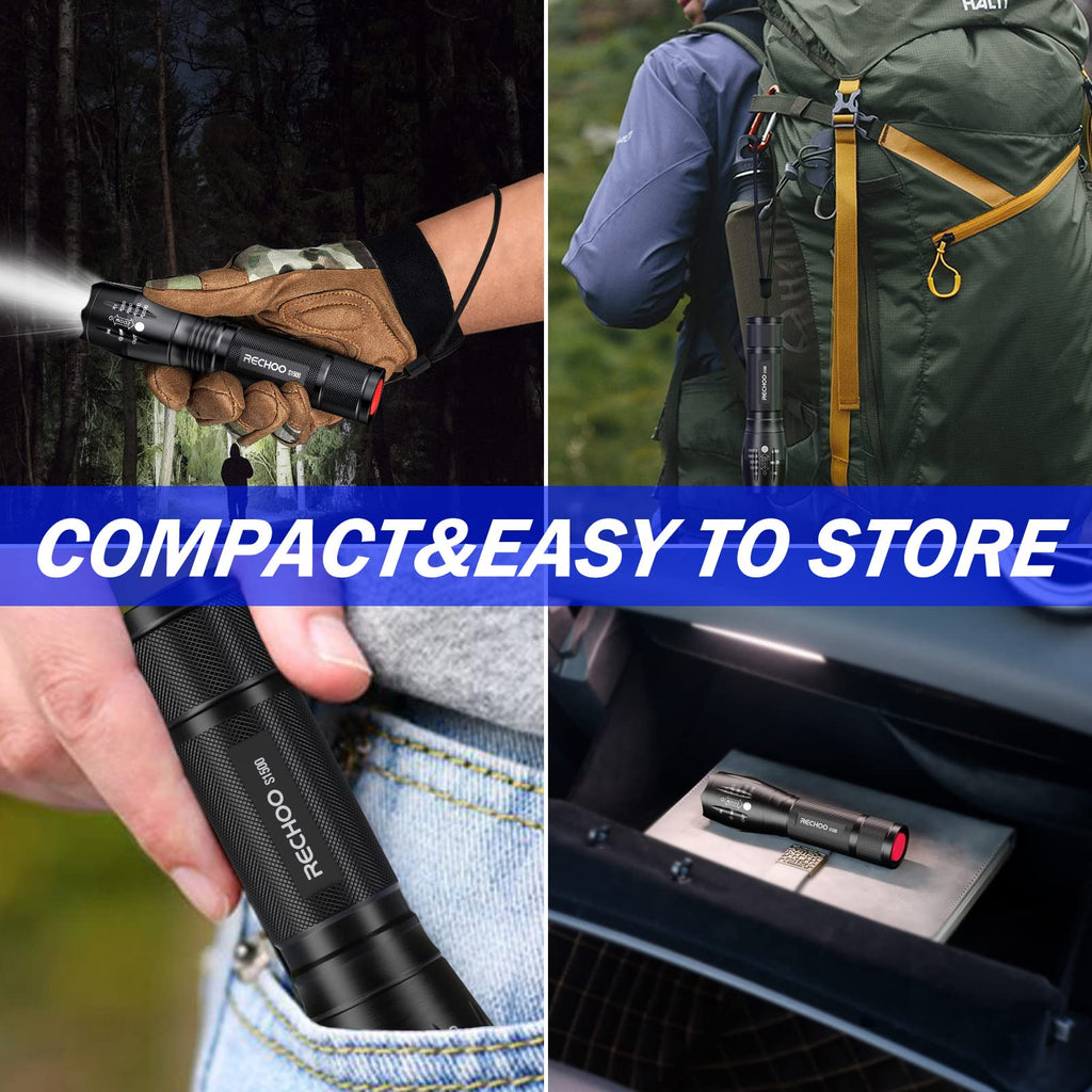 RECHOO Tactical Flashlight 4 Pack, Bright Zoomable LED Flashlight with High Lumens and 5 Modes, Waterproof Portable Pocket Flash Light for Emergency, Camping, and Outdoor Use - S1500
