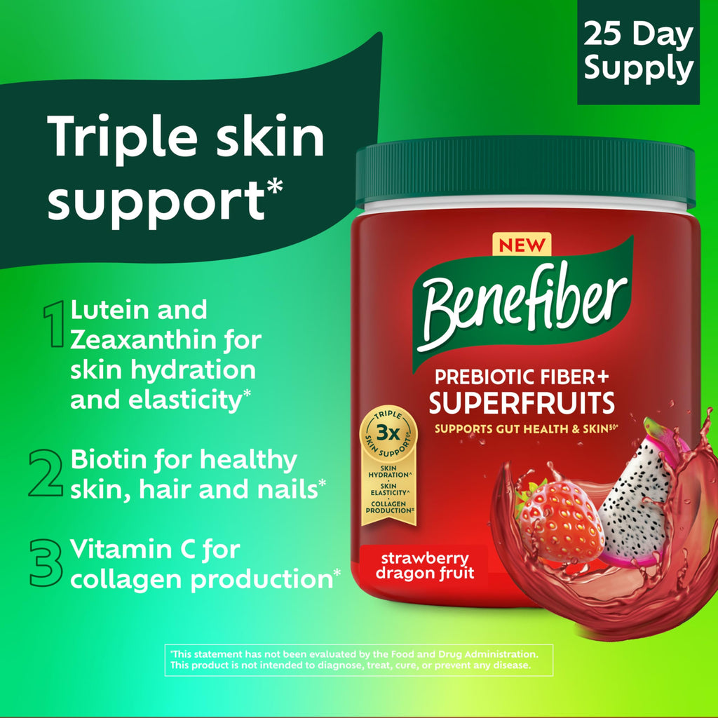 Benefiber Prebiotic Fiber + Superfruits Dietary Supplement, Strawberry Dragon Fruit Flavor, 8.8 oz (250g)