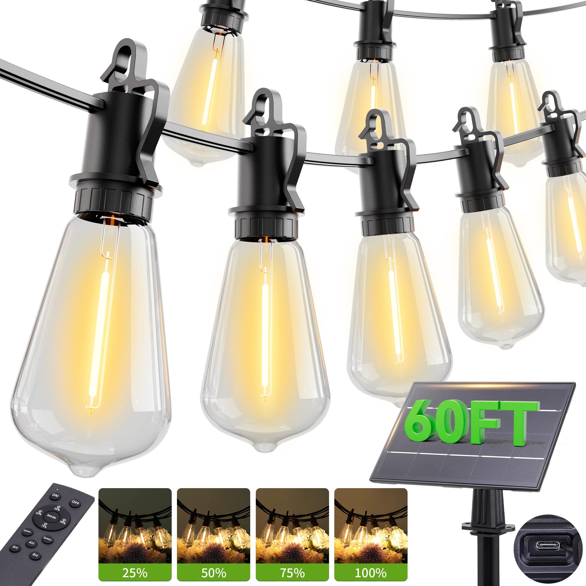 OOOLED 60FT Solar String Lights Outdoor Waterproof with Remote,Shatterproof ST38 20 LED Bulbs,2700K Dimmable Solar Lights Outdoor,Outside Hanging Lights for Patio,Garden,Camping,Deck,Backyard Decor
