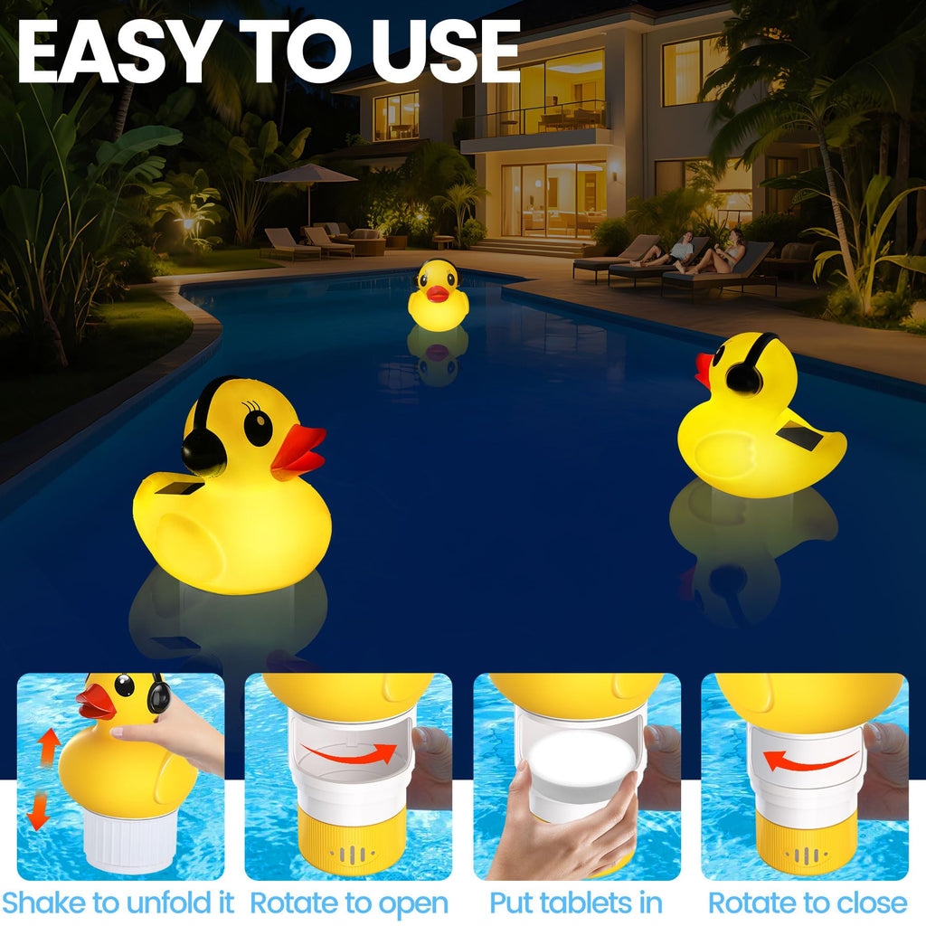 KingSom 2025 Upgraded Pool Chlorine Floater, Duck chlorine Floaters with Light, Solar Chlorine Floaters w/Adjustable Flow, Large Capacity Floating chlorines Dispenser for Pools,pool Chlorinator,Yellow