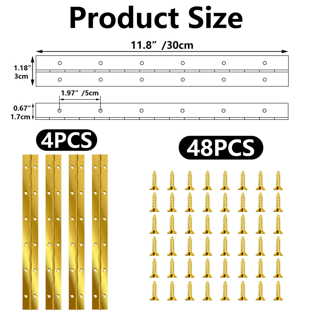 YHNTGB 4 PCS 12 Inch Stainless Steel Piano Hinge Heavy Duty with 48pcs Screws for Cabinets Boat Marine Door DIY Woodworking Storage Box Hatche Furniture Hardware Golden
