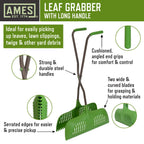 AMES Leaf Grabber Rake with Long Handle & Cushioned Grip for Leaves, Lawn Clippings, Twigs, Yard Waste