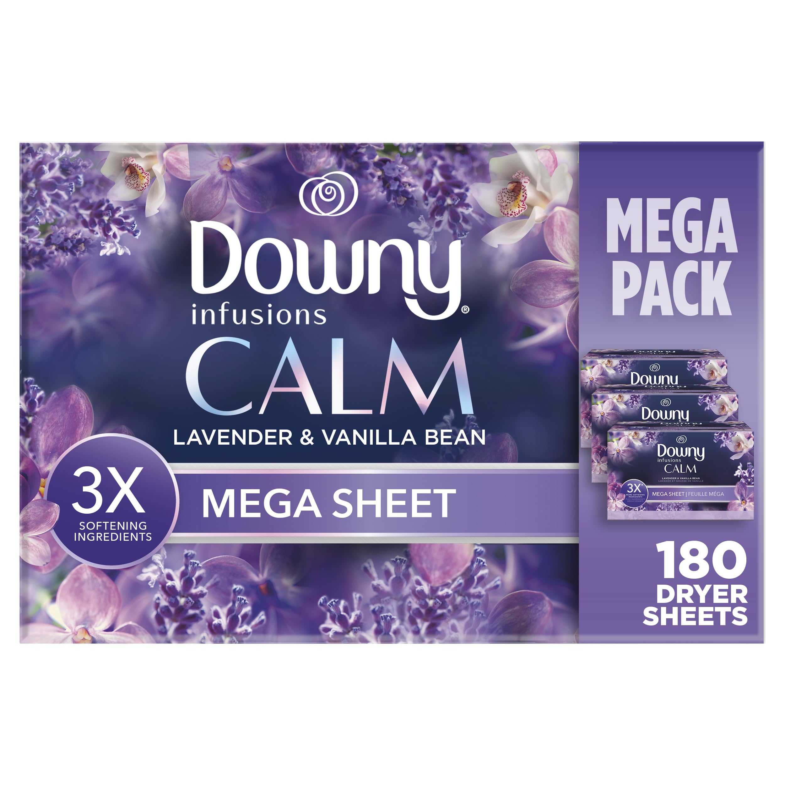 Downy Calm Mega Dryer Sheets, Large Fabric Softener Sheets for Laundry , Static Guard & Softness Boost, Laundry Dryer and Fabric Sheets, 180 Count