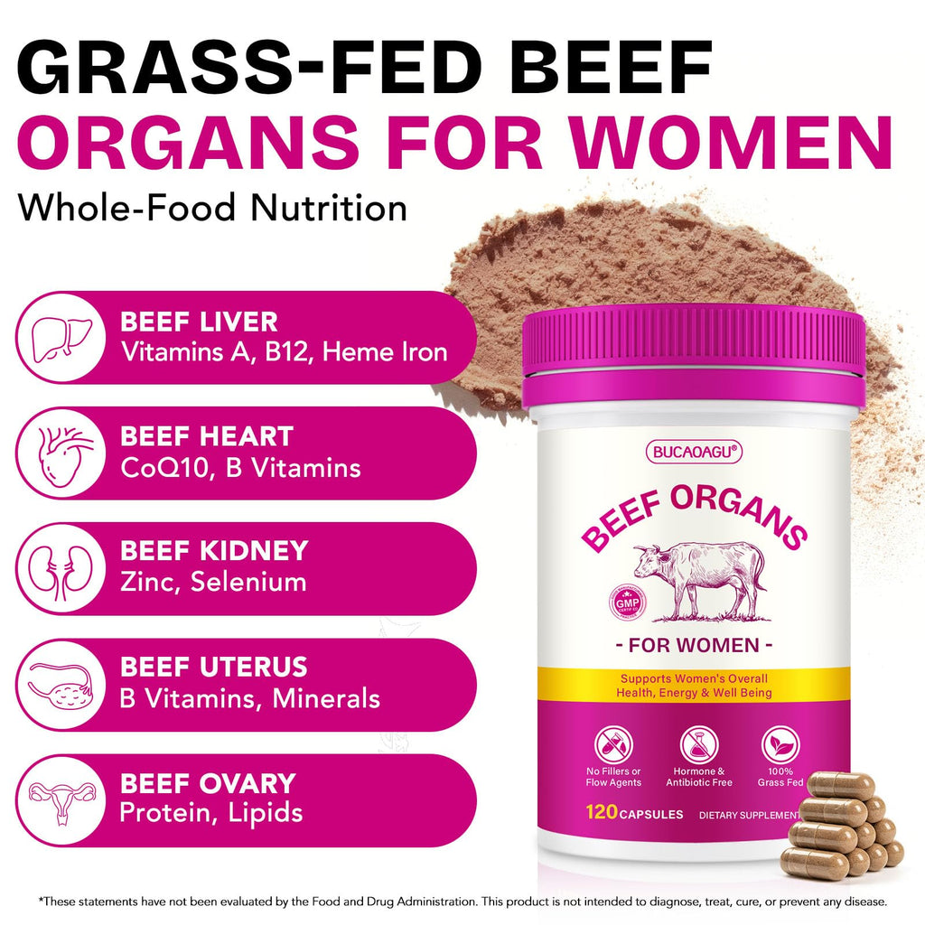 Beef Organ Supplement for Women - Grass-Fed Beef Liver, Kidney, Heart, Uterus, Ovary - Supports Female Energy & Hormone Balance - Pasture Raised in New Zealand - Iron, B12 & CoQ10 - 120 Capsules