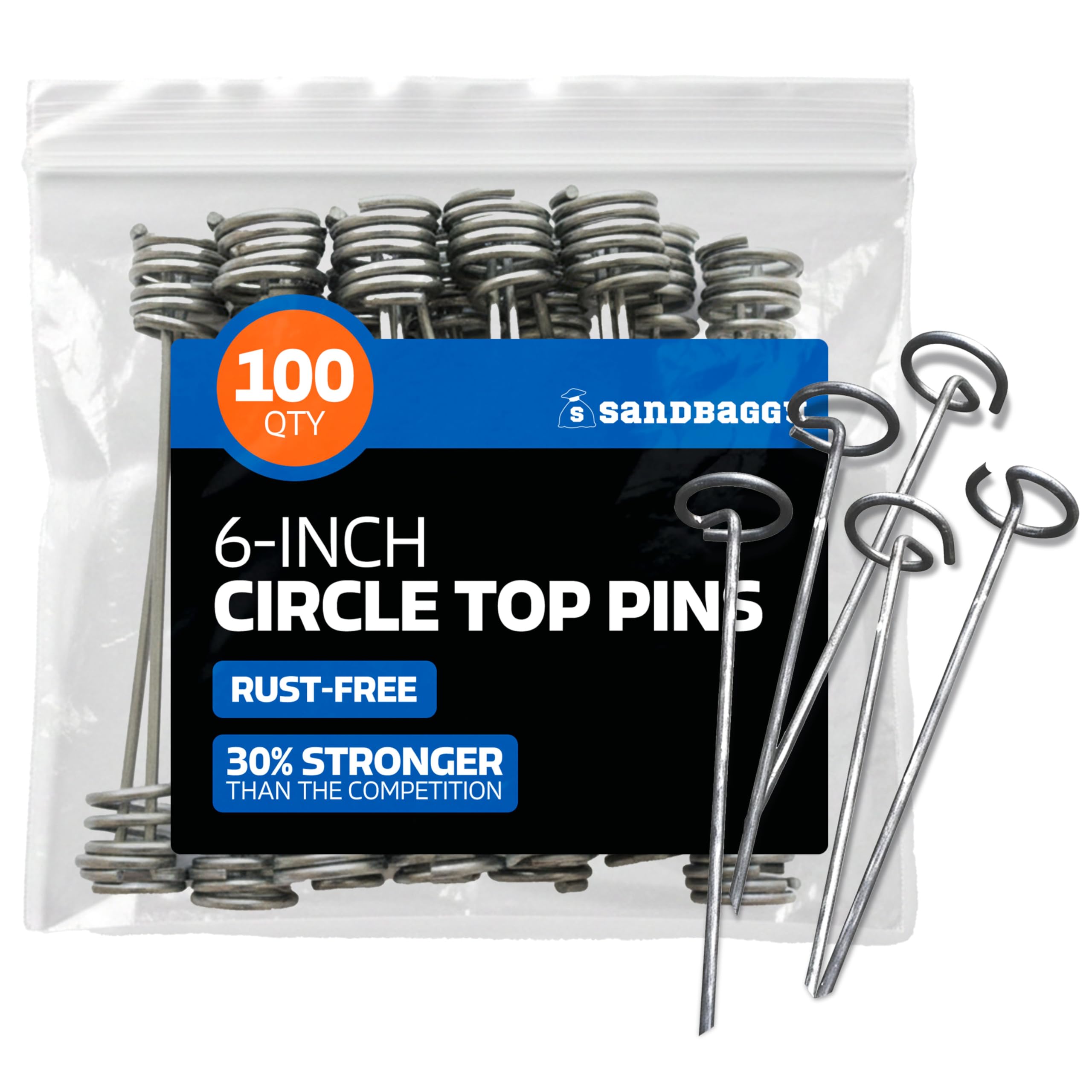 Sandbaggy 6 Inch Landscape Staples, 8 Gauge Galvanized Circle Top Garden Stakes, Heavy Duty Ground Pins for Weed Barrier Fabric, Sod, Turf, Netting and Erosion Control, 100 Pack
