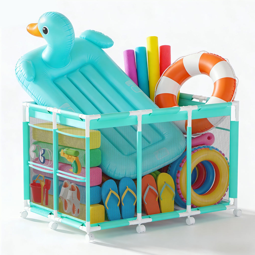 Kompoll Pool Storage Bin, XXL Large Rolling Mesh Pool Float Storage with 10 Upgraded Wheels, Outdoor Pool Toy Organizer Basket for Noodles, Floats, Goggles & Swimming Accessories, Cyan