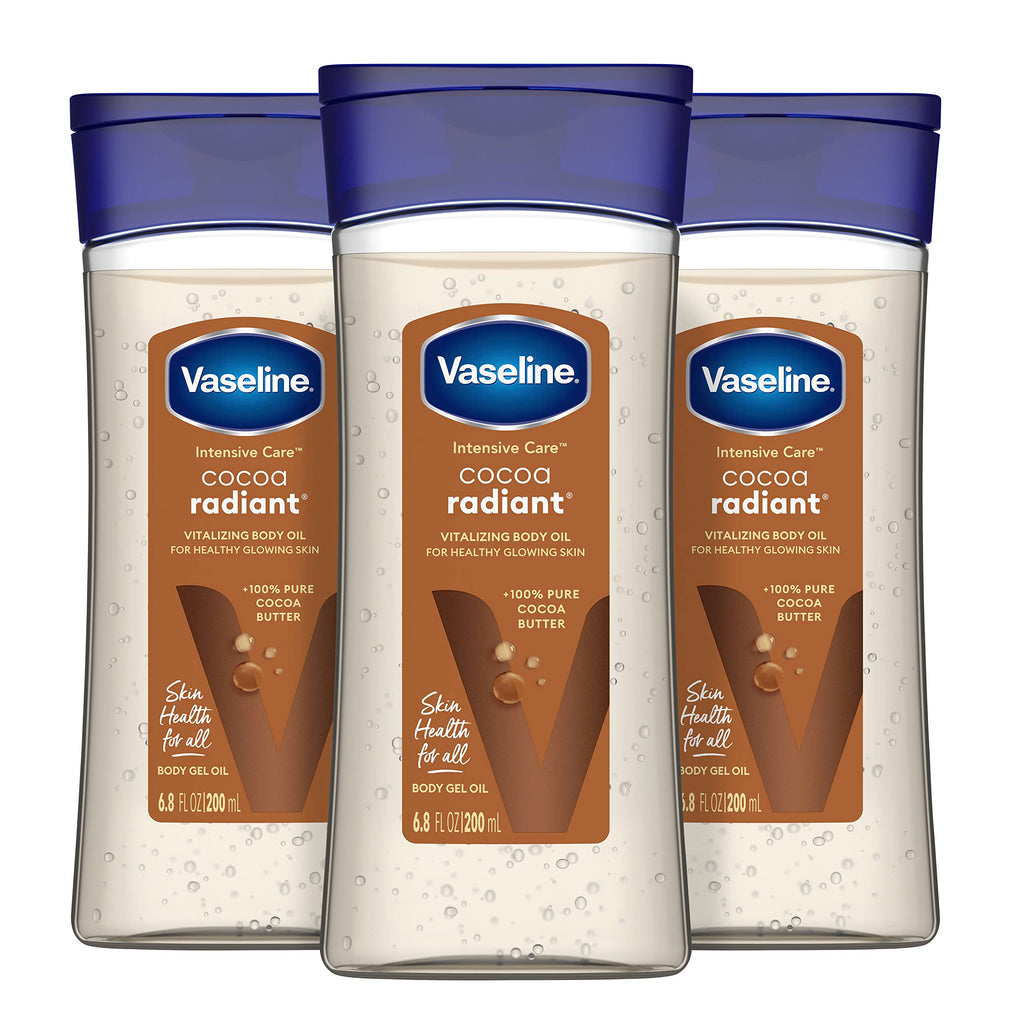 Vaseline Intensive Care Cocoa Radiant Pack of 3 for Glowing Skin Body Gel Oil Made with Pure Cocoa Butter + Replenishing Oils 6.8 oz