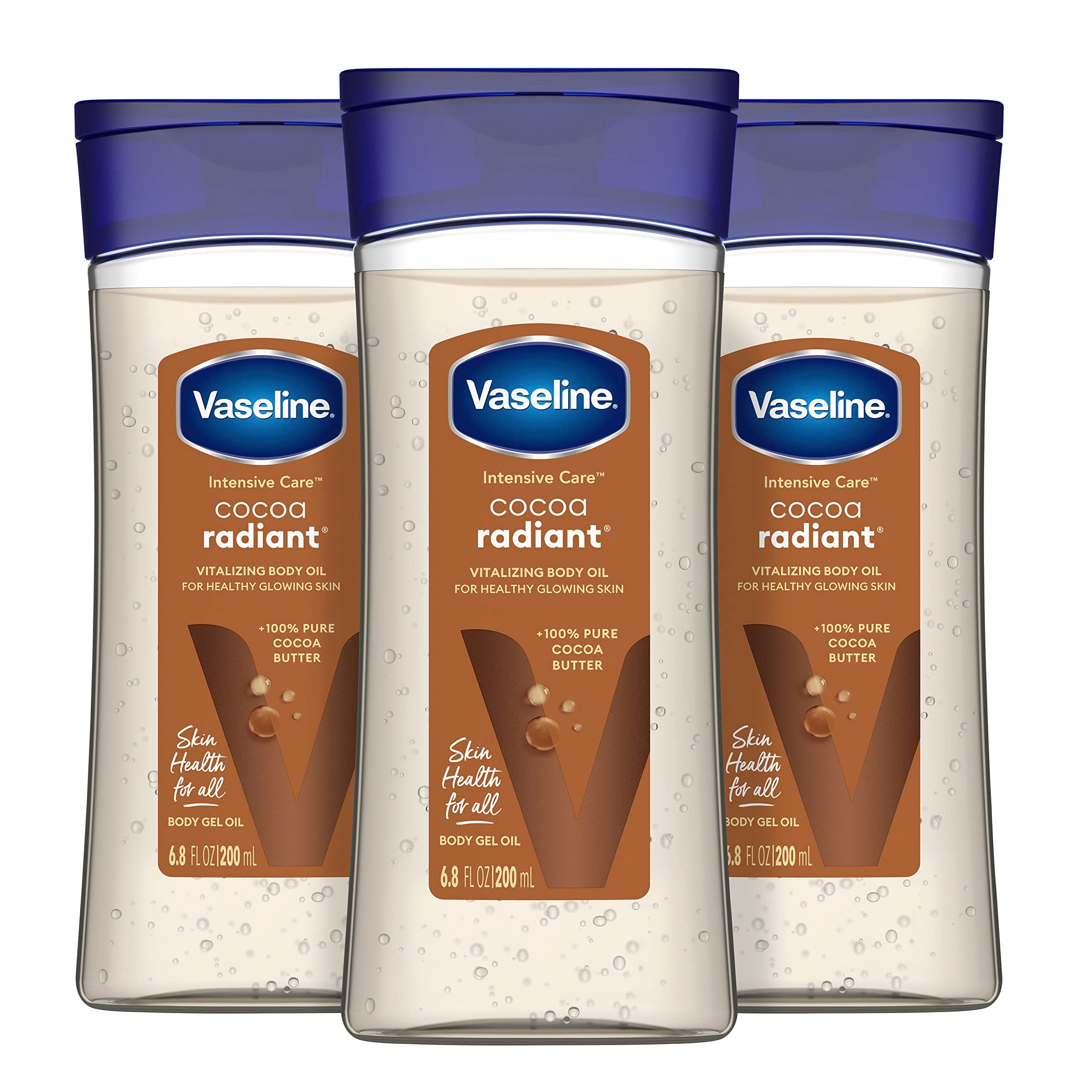 Vaseline Intensive Care Cocoa Radiant Pack of 3 for Glowing Skin Body Gel Oil Made with Pure Cocoa Butter + Replenishing Oils 6.8 oz