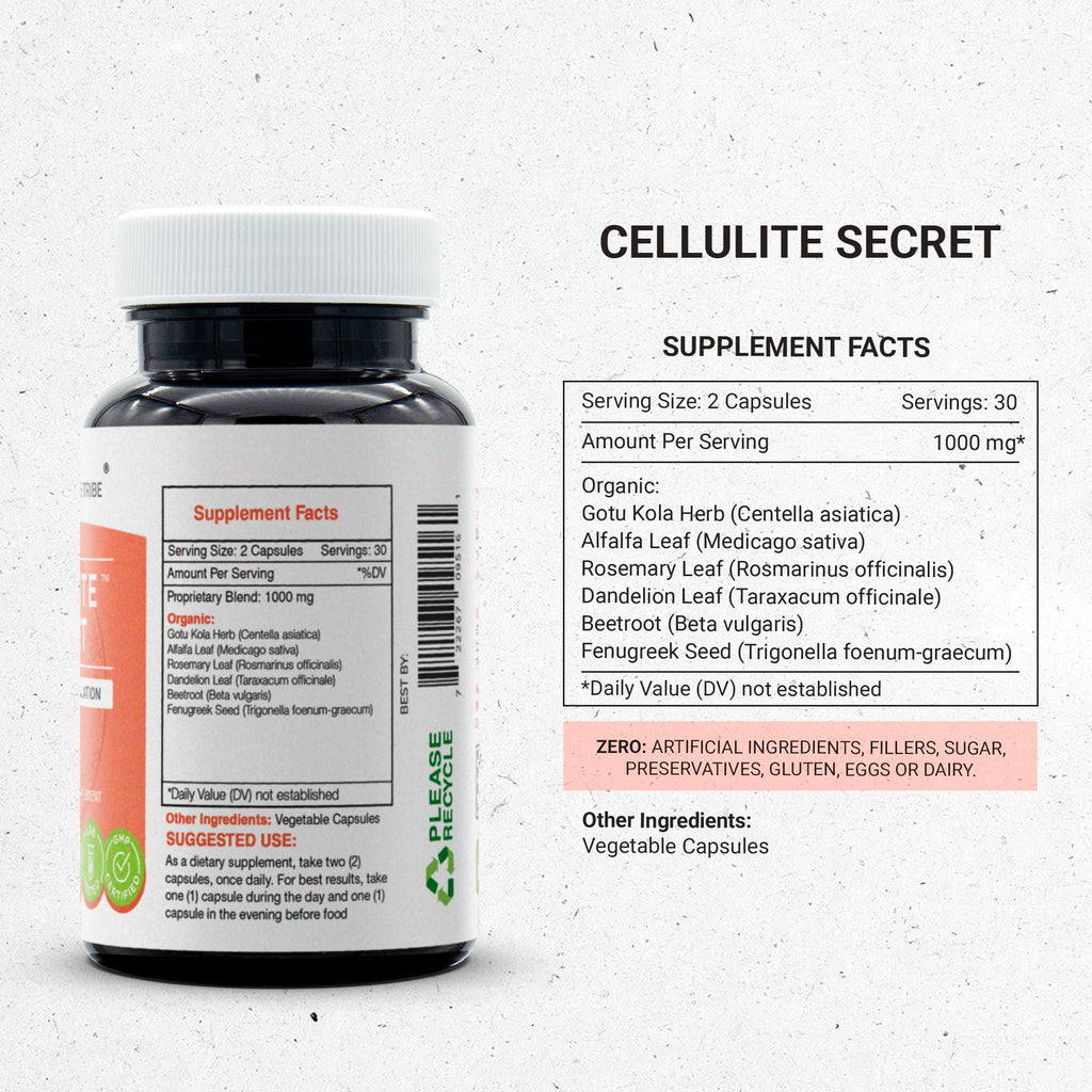 Secrets of the Tribe Cellulite Secret 60 Capsules, 1000 mg, Gotu Kola, Alfalfa, Rosemary, Dandelion, Beet Root, Fenugreek Metabolism/Circulation (60 Capsules)