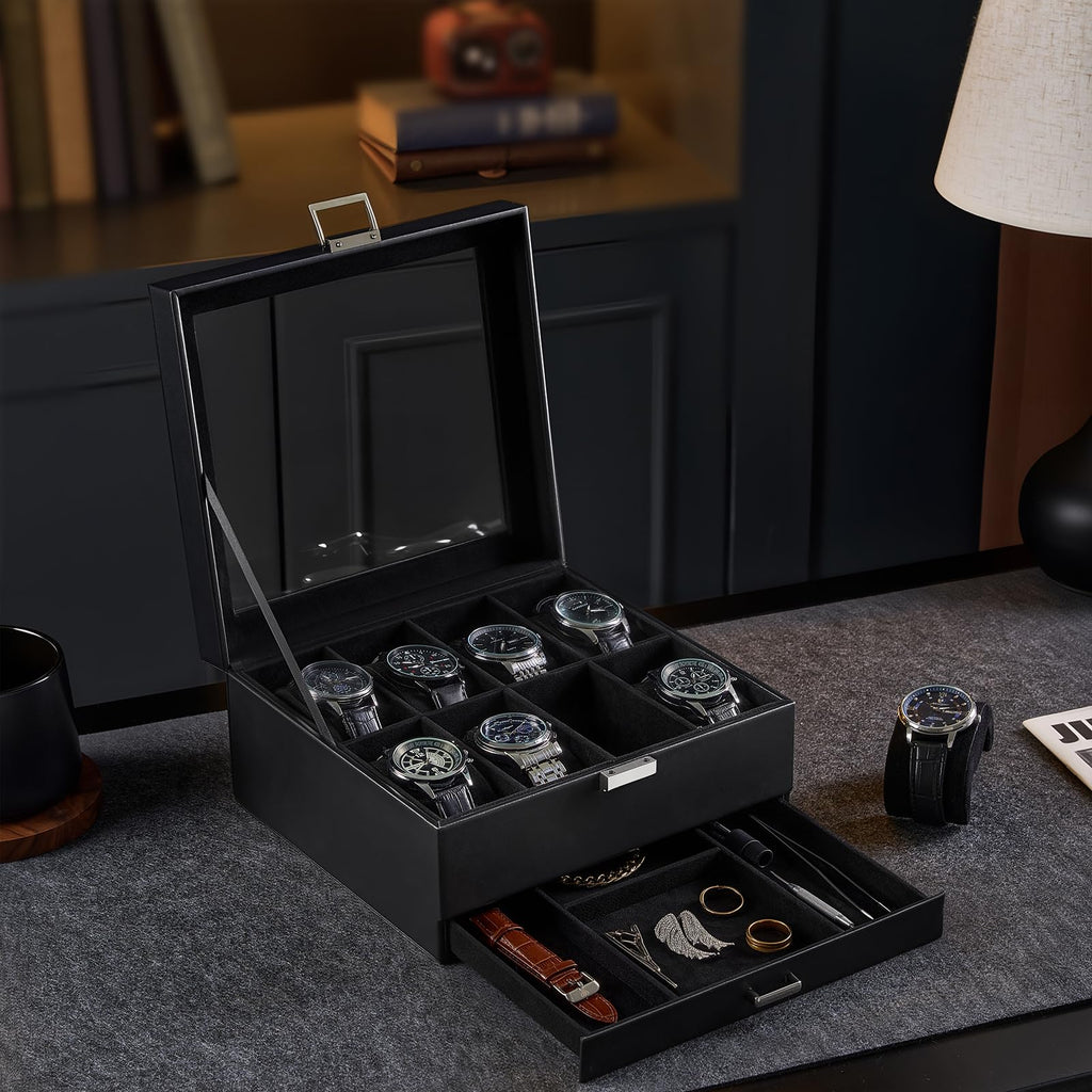 ProCase Watch Case, 8 Slot Mens Watch Box with Drawer -Black