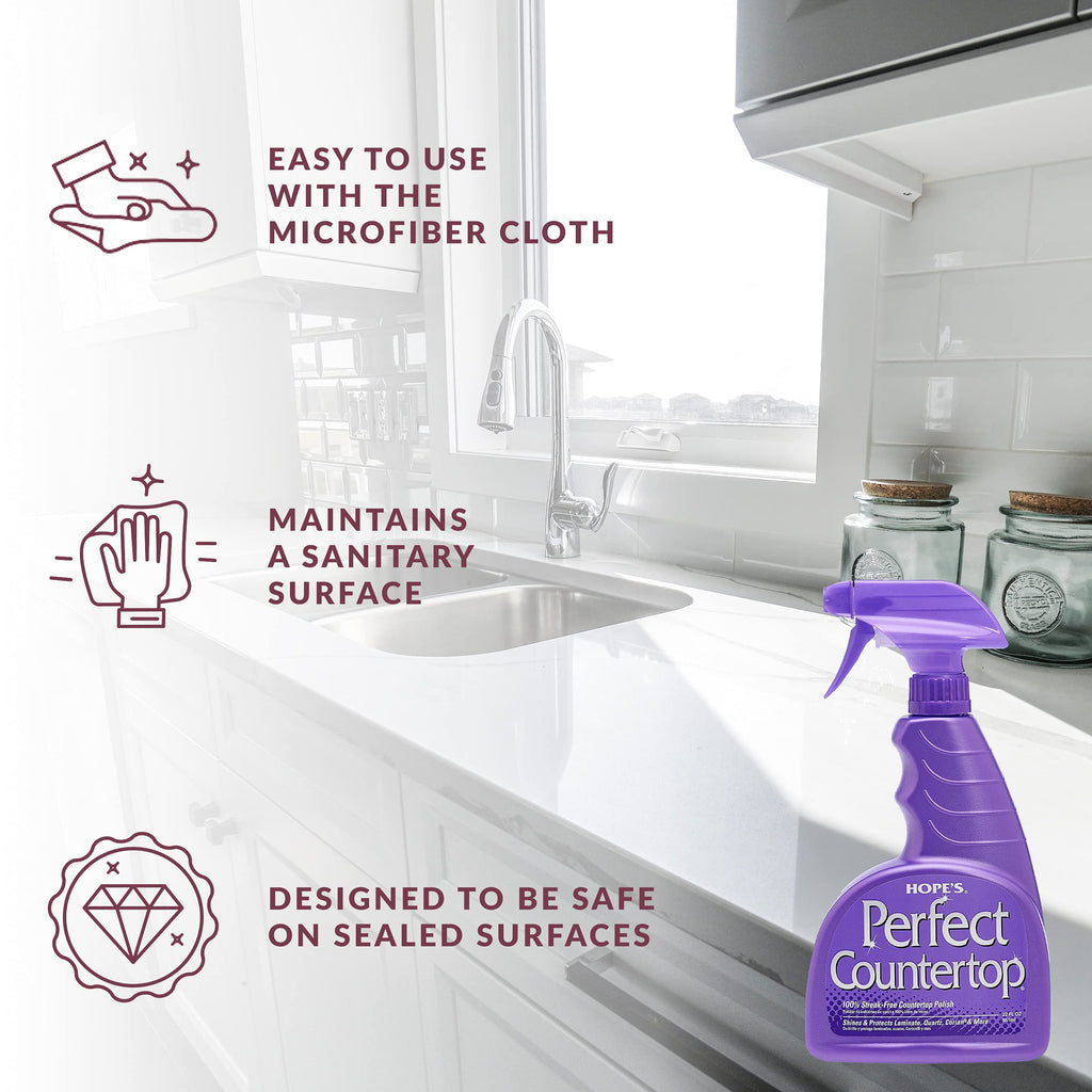 HOPE'S Perfect Countertop Cleaner and Polish - Streak-Free Multi Surface Cleaning Spray - Kitchen Spray for Granite, Quartz, Marble, Stone, Laminate, CORIAN, 22 Fl Oz, Pack of 1 with Microfiber Cloth