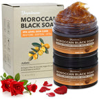 2 PCS Moroccan Black Soap with Argan and Rose Oil, SPA Level Handmade Black Beldi Soap Exfoliating and Softening, Natural and Organic for Face, Body, Hair and Shave, Rose Scent, 5.29 oz/150 g