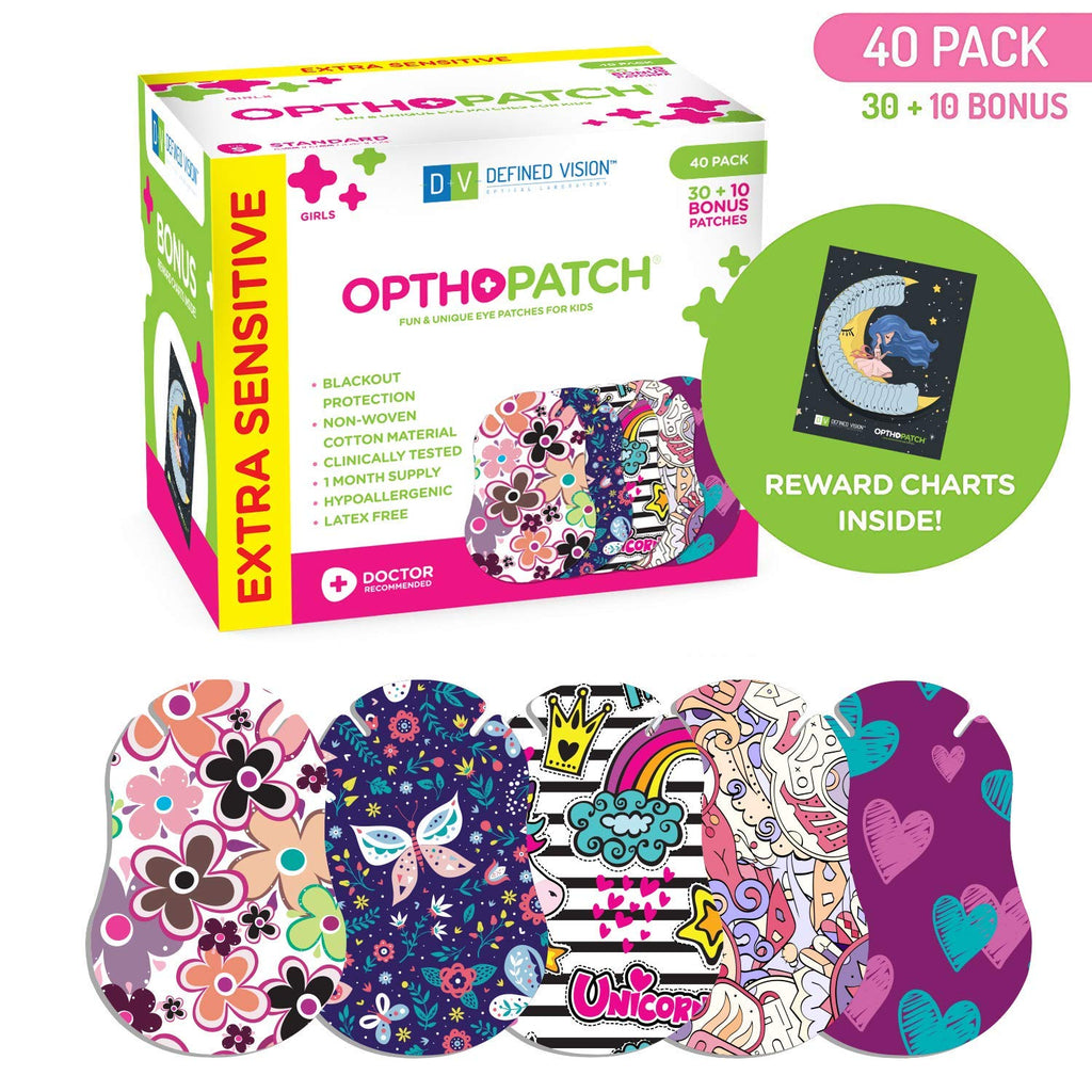 Opthopatch Eye Patches for Kids - Extra Sensitive Adhesive - Girls' Design [Series II] - 40 Count + 1 Reward Chart