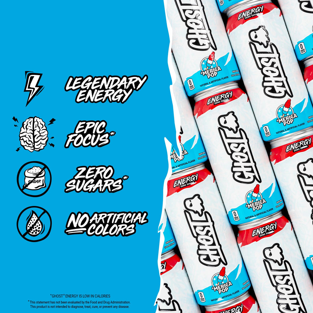 GHOST Energy Drink, Zero Sugars, 12-Pack, 'Merica Pop, 16oz