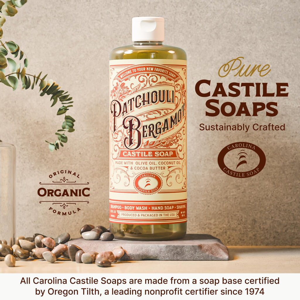 Carolina Castile Soap Patchouli Bergamot Scented Castile Soap - Certified Organic, High Olive Oil Content, Non-Drying, Made with Organic Oils, Concentrated Natural Soap for Men and Women