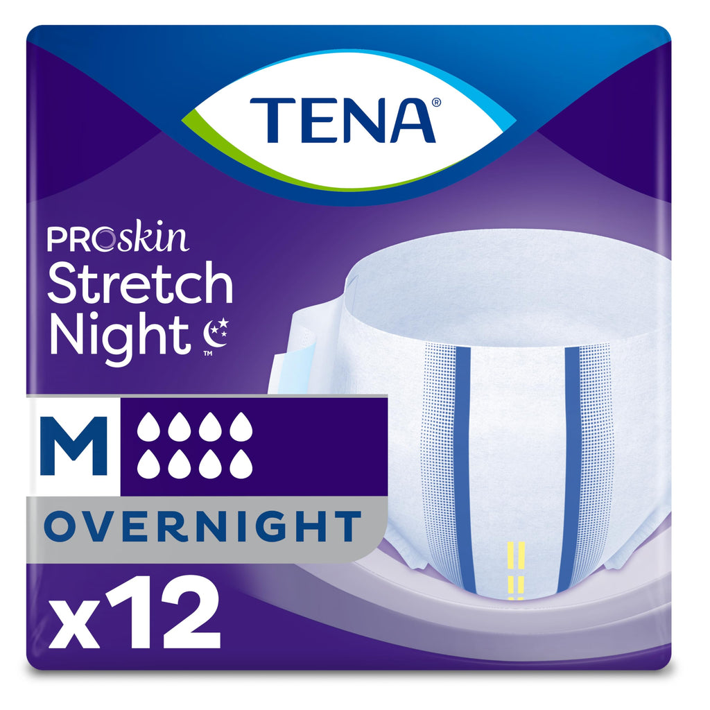 Tena ProSkin Overnight Incontinence Adult Diaper for Women & Men, Stretch, Brief, Medium, 12 Count, Packaging May Vary