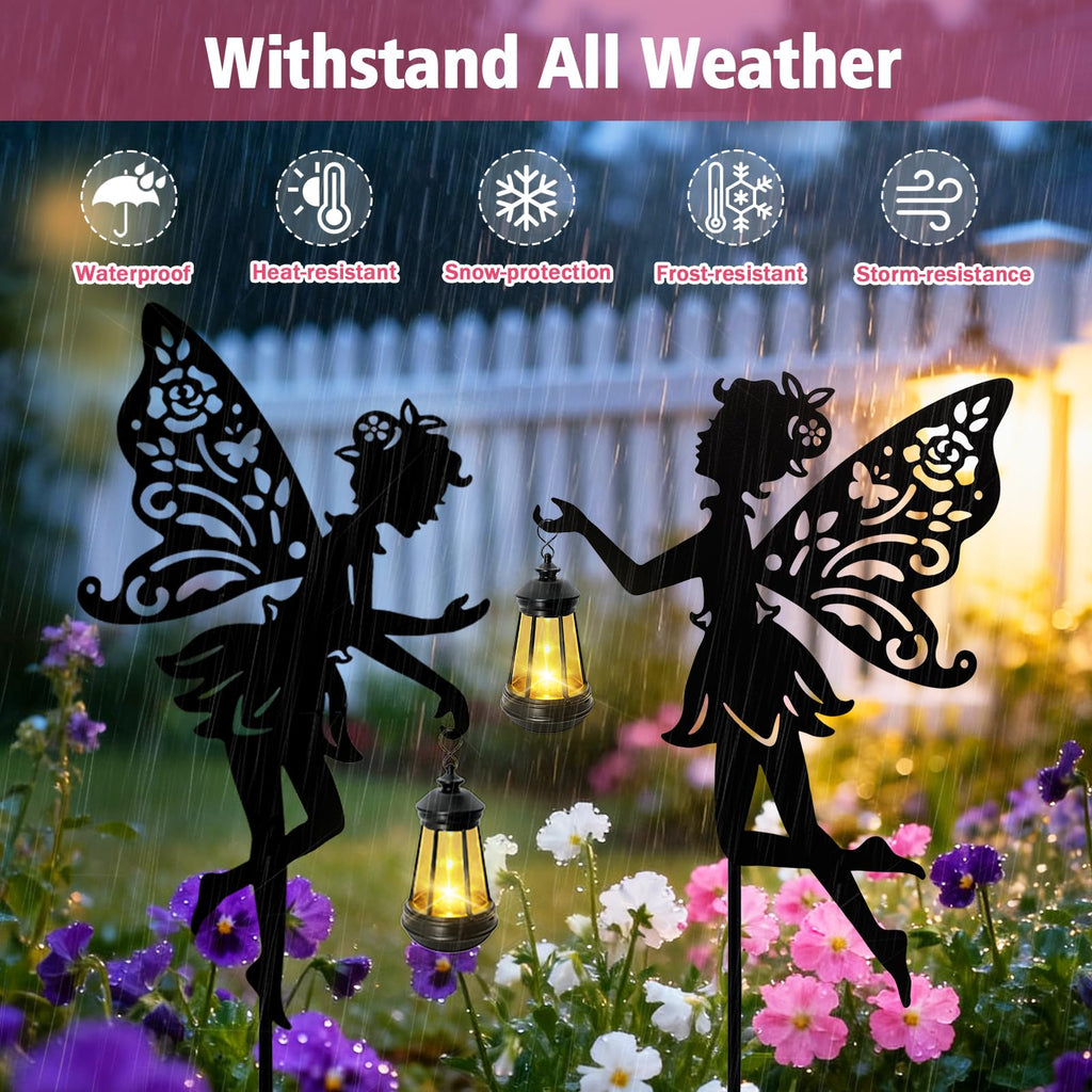 2 Pack Solar Fairy Garden Statues Outdoor Decor, Mother's Day Gift Ideas for Gardening Mom Grandma Birthday, Metal Fairy Figurine Light Stake Housewarming Ornament for Patio Lawn Yard Pathway