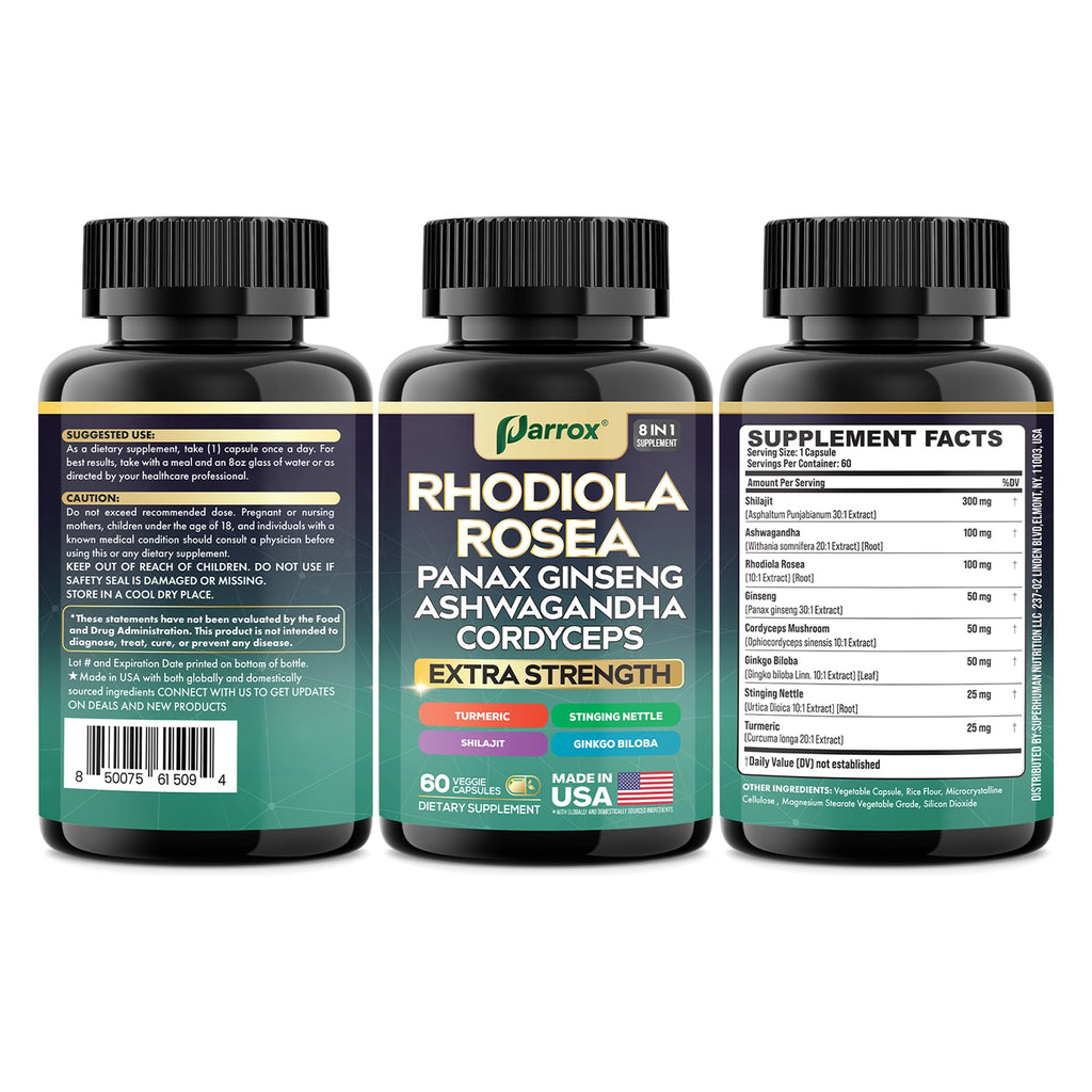 Rhodiola Rosea Adaptogen Supplement, Panax Ginseng & Ashwagandha, 2 Pack