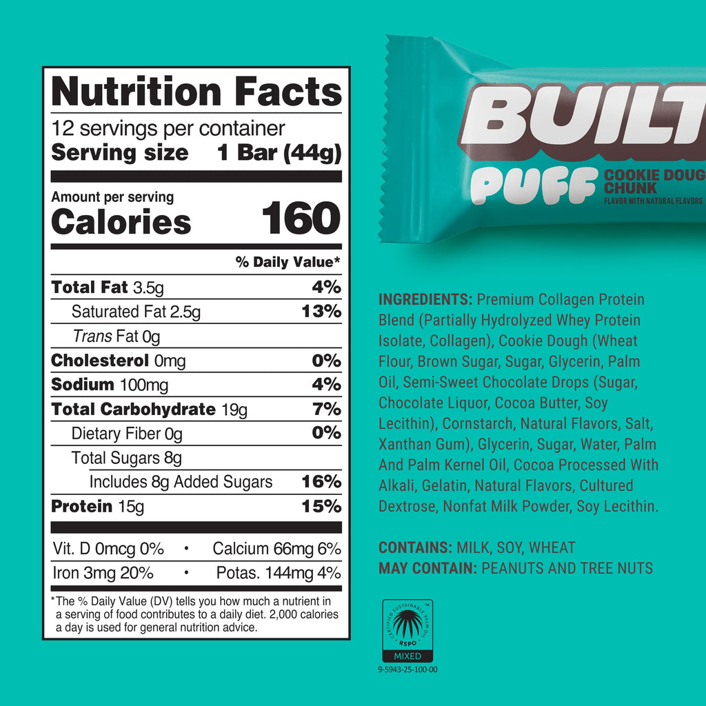 Built Bar 12 Pack High Protein and Energy Bars - Low Carb, Low Calorie, Low Sugar - Covered in 100% Real Chocolate - Delicious, Healthy Snack - (Cookie Dough Chunk Puff)