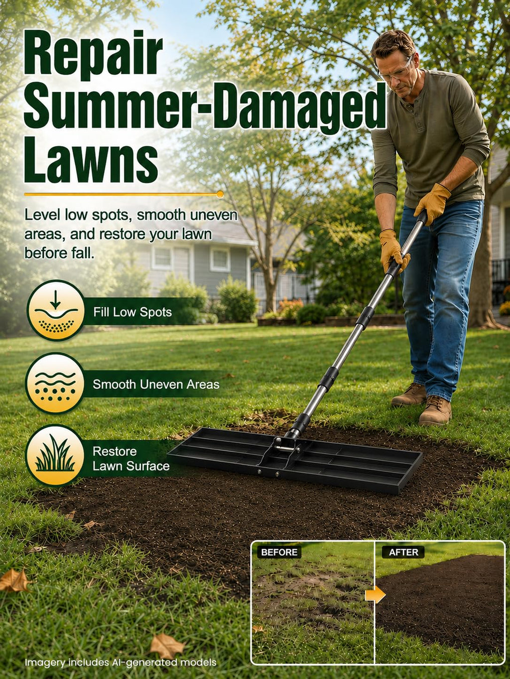 30x10 inch Lawn Leveling Rake, Yumatum 72" Heavy Duty Lawn Leveler Tool, Stainless Steel Handle Lawn Leveler for Yard Golf Pasture Garden, Professional Lawn Care Landscape Rake