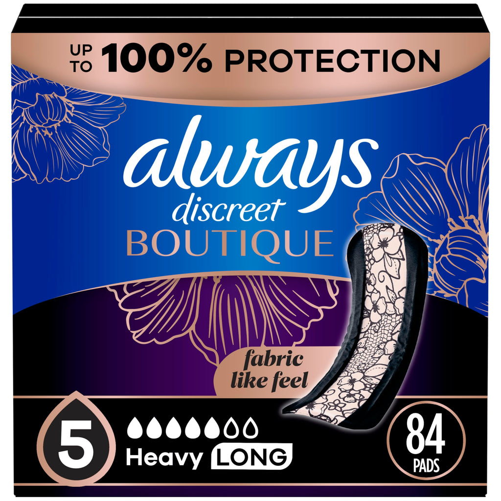 Always Discreet Boutique Adult Incontinence & Postpartum Pads For Women, Size 5, Heavy Long Abondant longues, 28 Count x 3 Packs (84 Count total) (Packaging May Vary)