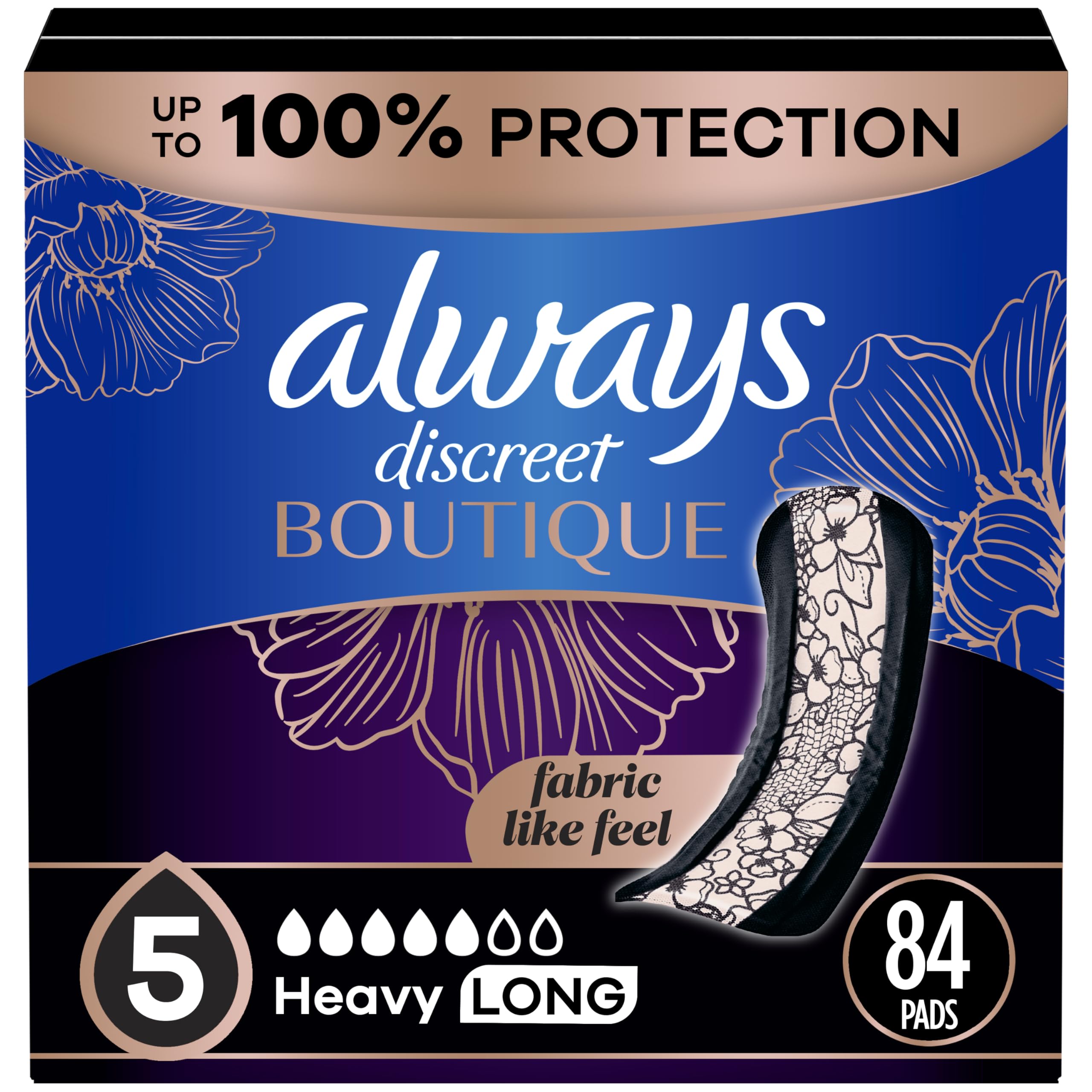 Always Discreet Boutique Adult Incontinence & Postpartum Pads For Women, Size 5, Heavy Long Abondant longues, 28 Count x 3 Packs (84 Count total) (Packaging May Vary)