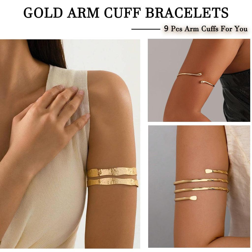 17KM 9PCS Gold Arm Cuff Bracelets for Women, Boho Statement Gold Upper Arm Bangle Band Armlet, Open Adjustable Cuff Bracelet set Stackable Jewelry