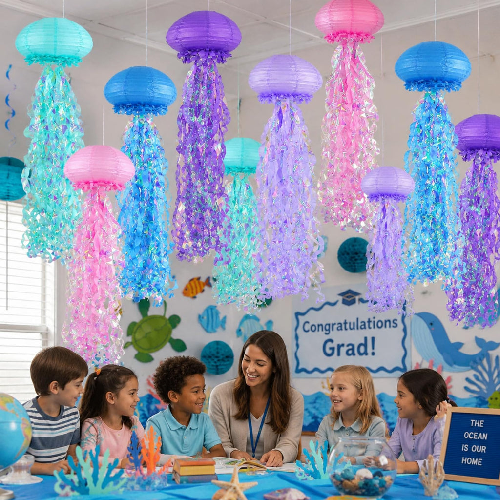 ADLKGG 6-Pack Jellyfish Paper Lanterns, Blue Purple Pink Under The Sea Party Decorations, Mermaid Birthday Decorations, Ocean Themed Baby Shower, 10" Jellyfish Lamp for Classroom Decor Pool Party