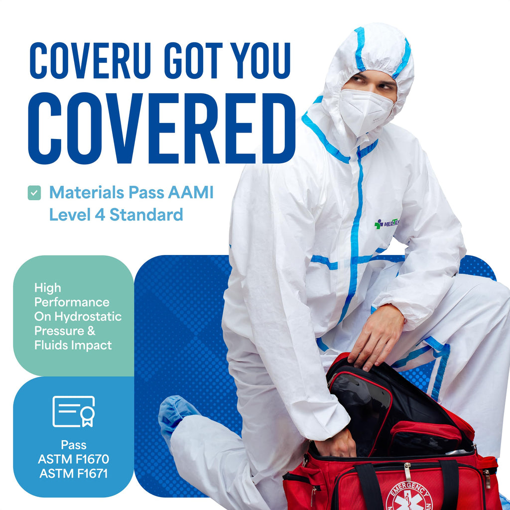 Medtecs Hazmat Suits - 6 Sizes Options (1 PC) - with Sealed Tape - Fabric Passed AAMI Level 4 Disposable Coverall PPE Suit for Biohazard Chemical Protection - Full Body Protective with Hood | L
