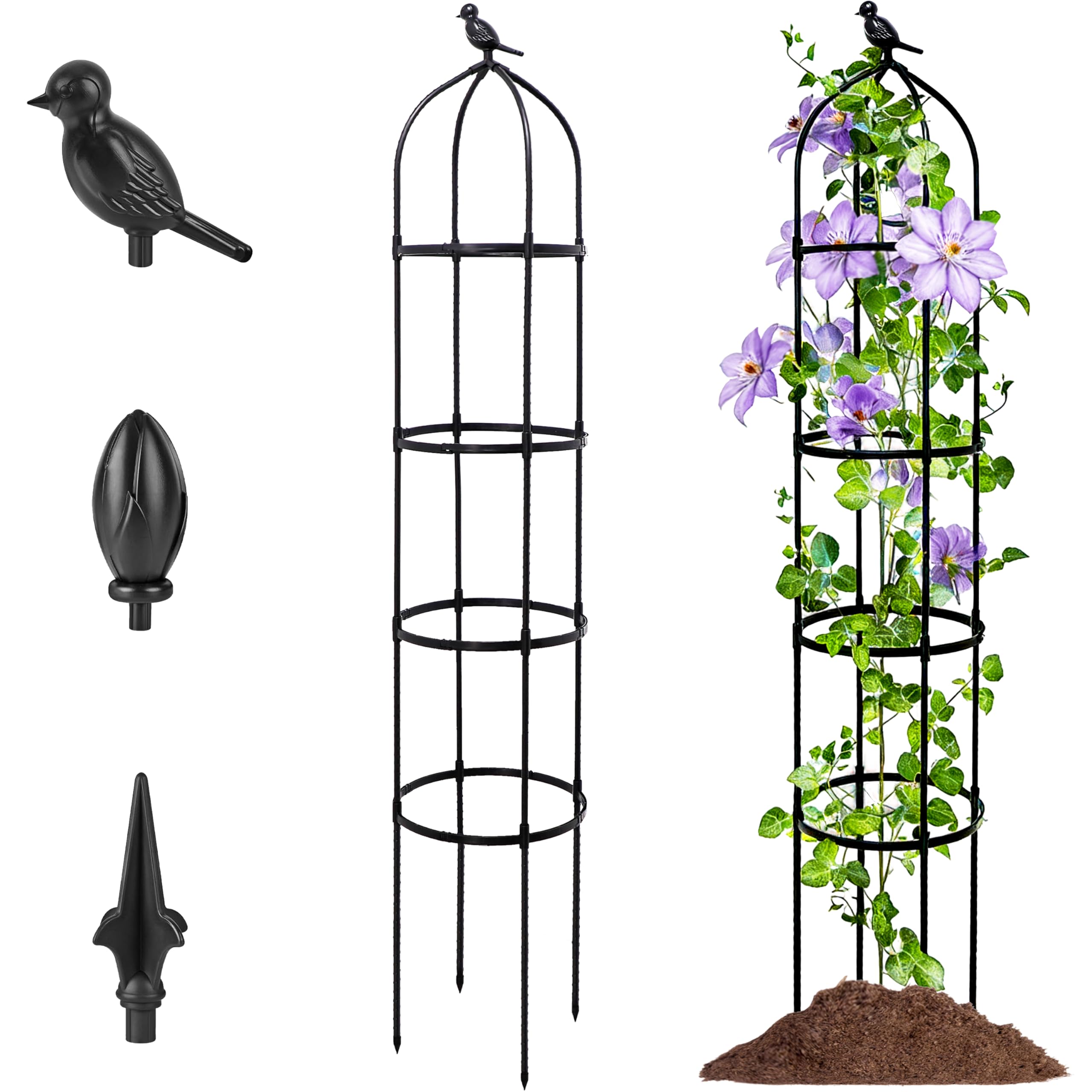 6FT Garden Obelisk Trellis for Climbing Plants,Adjustable 4-Tier Metal Plant Support,Rustproof Outdoor Plant Tower with 3 Decorative Tops for Roses,Tomatoes,Clematis & Vines,Black