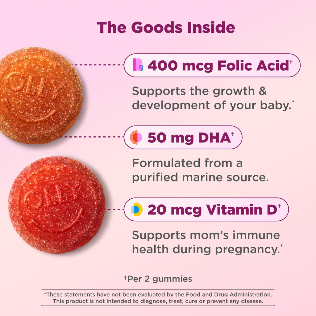OLLY Prenatal Multivitamin Gummy, Daily Multi Blend for Mommy & Baby, Folic Acid, Omega 3 DHA, Vitamins A & D, Sweet Citrus Flavored, 42 Day Supply - 84 Count