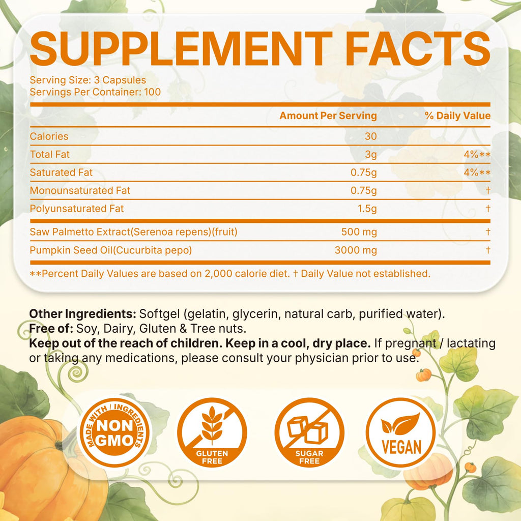Fenolutra Pumpkin Seed Oil with Saw Palmetto - Cold-Pressed Softgels for Hair Growth & Prostate Support - Organic Supplement for Men & Women, Non-GMO, 300 Softgels