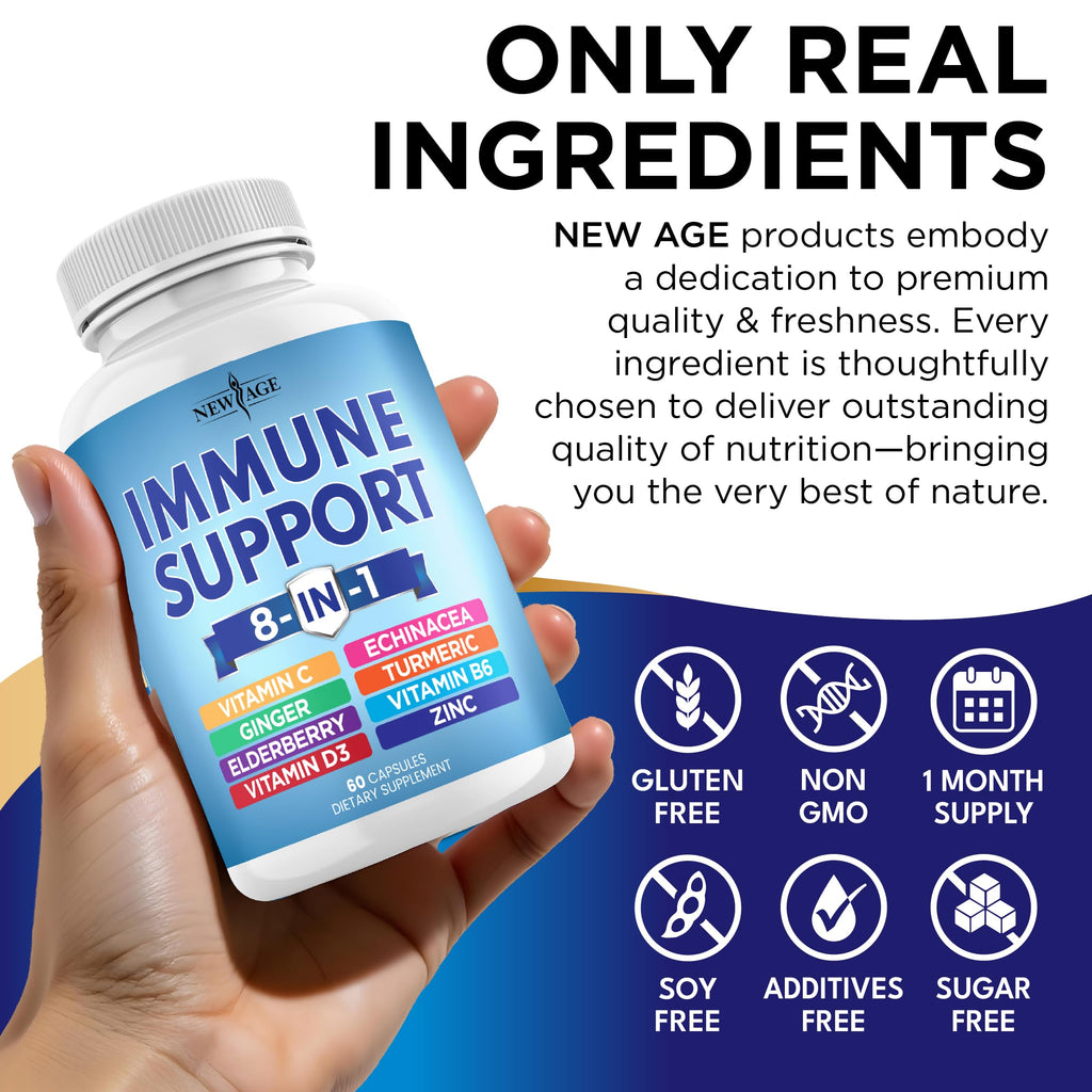 NEW AGE 8 in 1 Immune Support Booster Supplement with Echinacea, Vitamin C and Zinc 50mg, Vitamin D 5000 IU, Turmeric Curcumin & Ginger, B6, Elderberry 60 Count (Pack of 1)