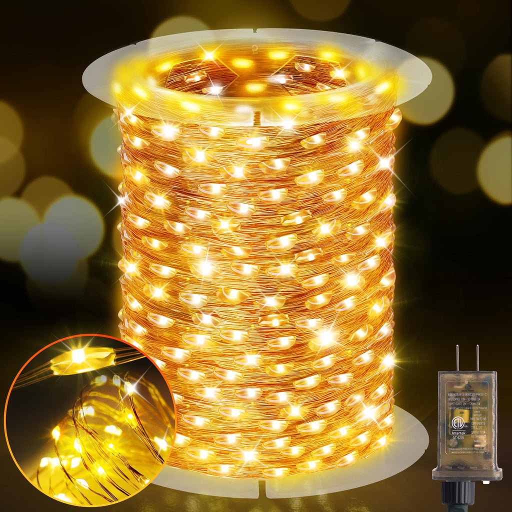 KNONEW 203FT 600LED Outdoor Fairy Lights Plug in Warm White Christmas Decor