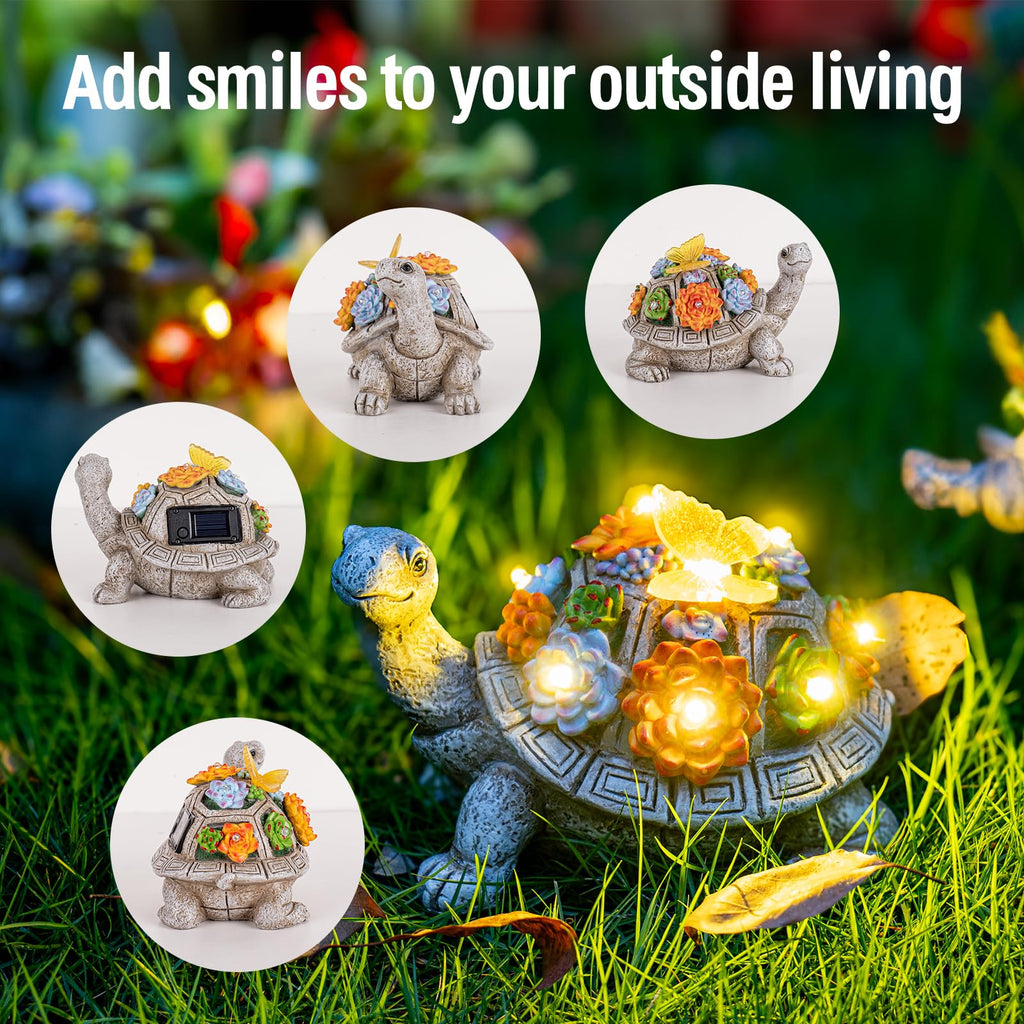 YDKOJGW Solar Garden Outdoor Statues with Succulent and 7 LED Lights - Lawn Decor Tortoise Statue for Patio, Balcony, Yard Ornament - Unique Housewarming Gifts (Gray Turtle)