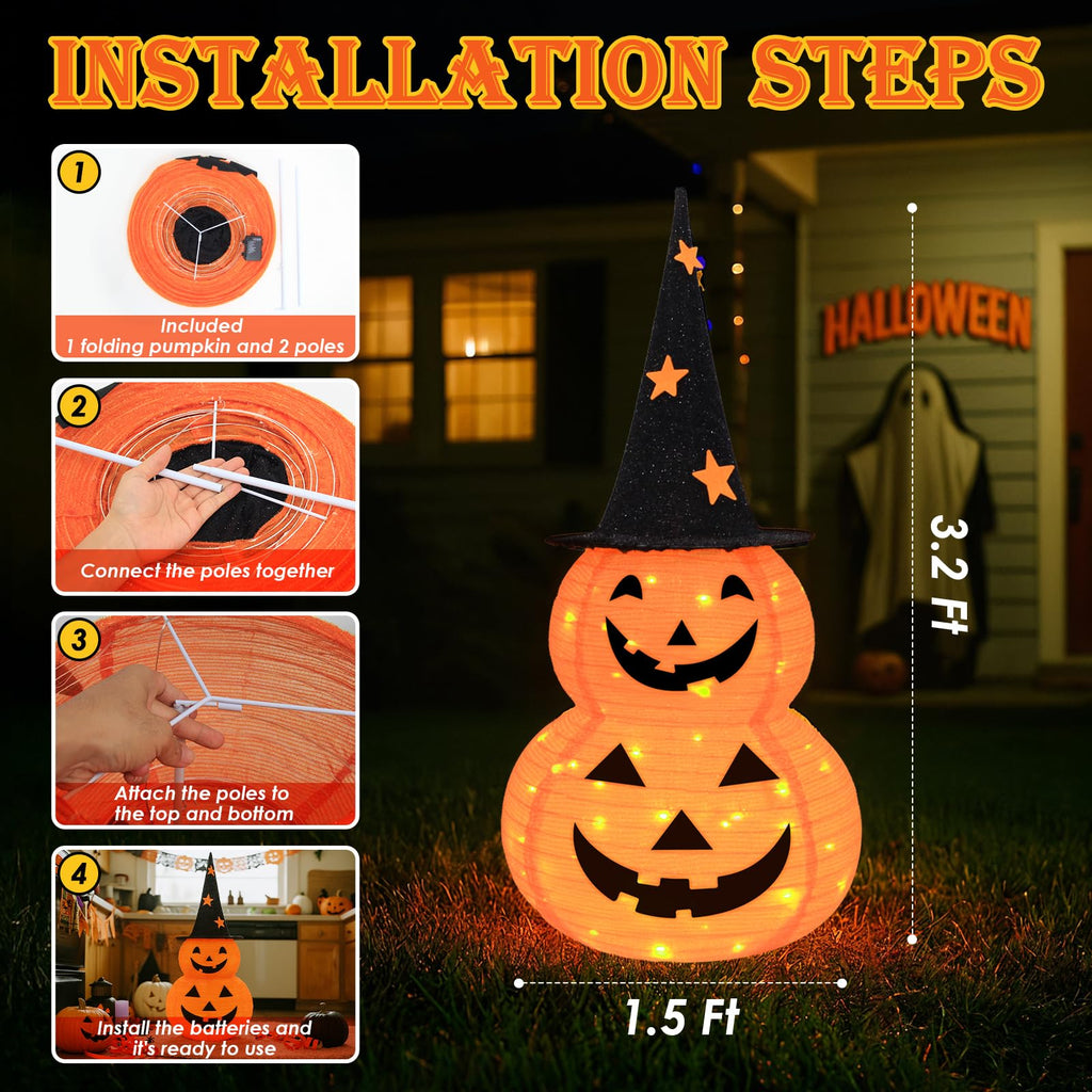 3FT Pumpkin Halloween Decorations Outdoor, 8 Modes Battery Operated Pumpkin Decorations, Collapsible Jack-o-Lantern Halloween Lights for Home, Party, Yard, Porch Thanksgiving Fall Decorations