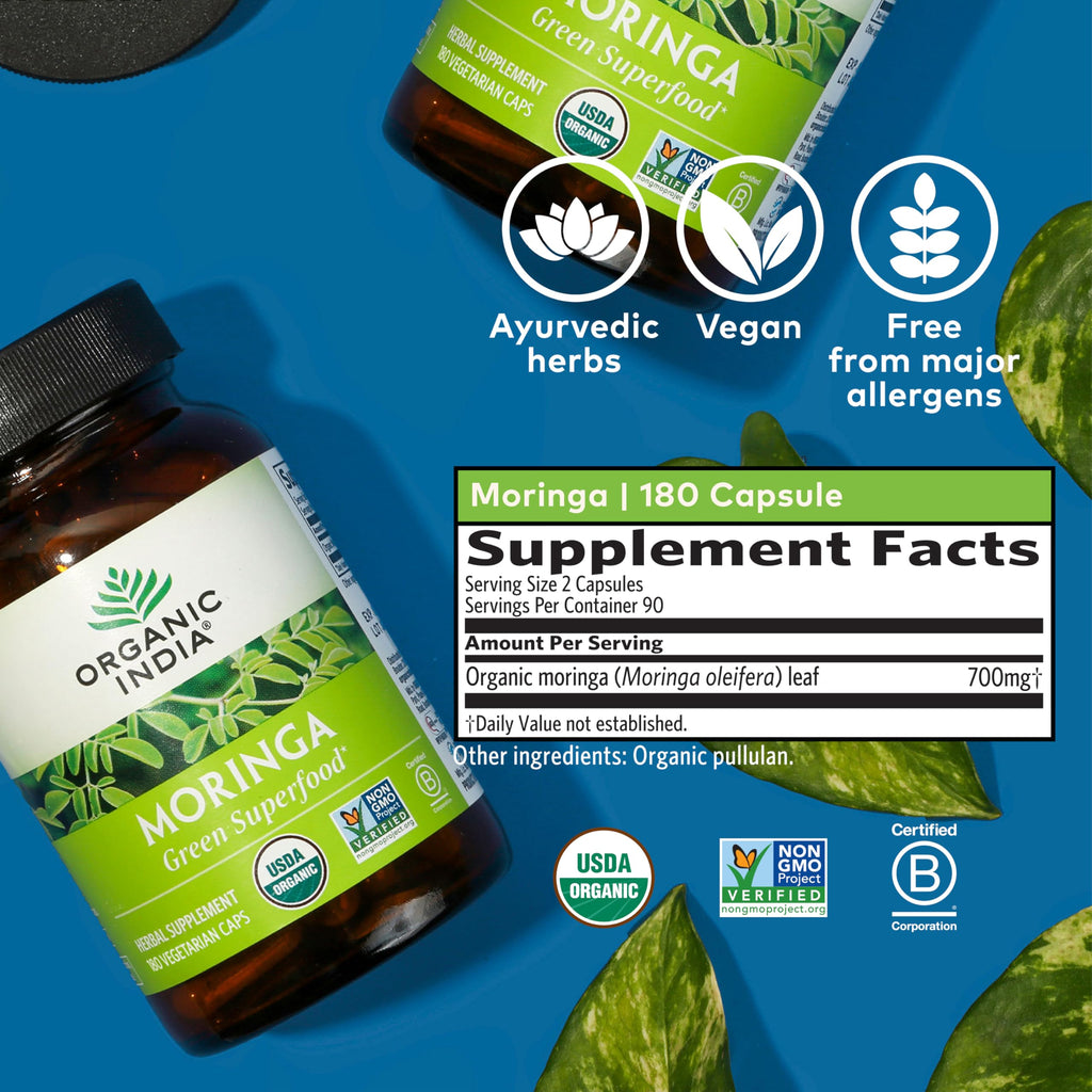ORGANIC INDIA Moringa Capsules Organic - Moringa Supplement - Green Superfood, Pure Supergreen, Vegan Greens, Nature's Multivitamin, Vegan, Gluten-Free - 180 Capsules