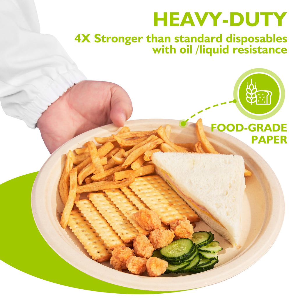 PACKINNO 9 Inch 500 Pack Compostable Paper Plates Round Unbleached Brown Plates Made from Natural Sugarcane Fibers, Biodegradable Heavy Duty Disposable Plates for Party, Camping, Picnic