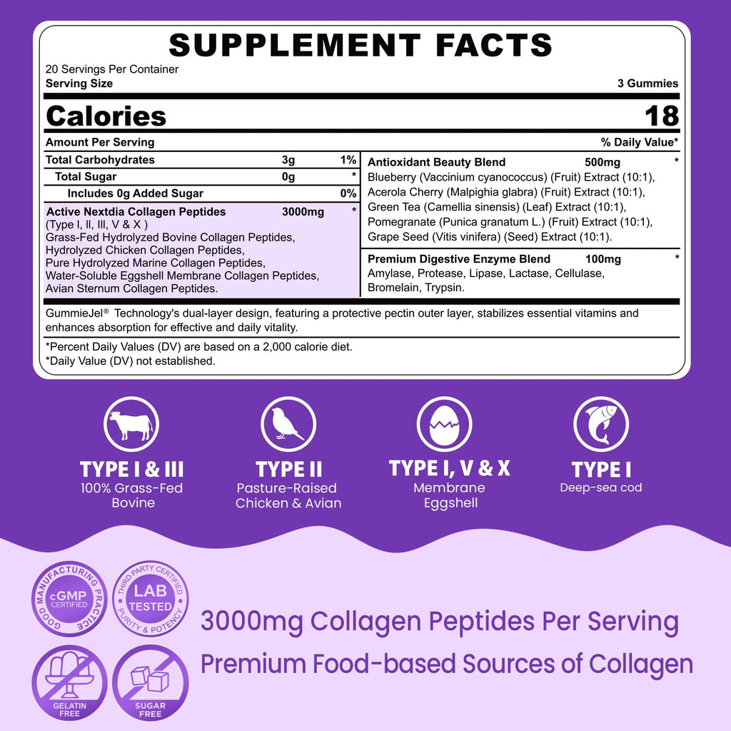 Collagen Gummies for Women & Men 3000mg, Hydrolyzed Collagen Peptides with Antioxidant Blend & Digestive Enzymes, Multi Collagen (Type I,II,III,V,X) for Anti-Aging, Hair, Skin, Nails, Sugar Free,60Cts
