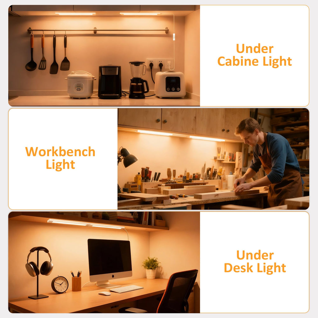 maylit Under Cabinet Lighting Plug in, 2Pcs 14 Inch Linkable Ultra Bright LED Light Bars, Renter Friendly Lamp, Wired 110V 120V Indoor Lights for Kitchen Cabinet, Counter, Workbench, Shelf, Warm White