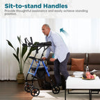 ELENKER Upright Walker, Stand Up Rollator Walker with Padded Seat and Backrest, Lightweight, Compact Folding, Fully Adjustment Frame for Seniors, Blue